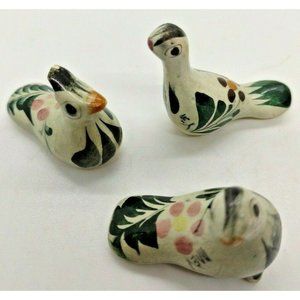 Pair (3) Vintage Mexico Mexican Tonala Pottery Birds 2-1/2” Hand painted Floral